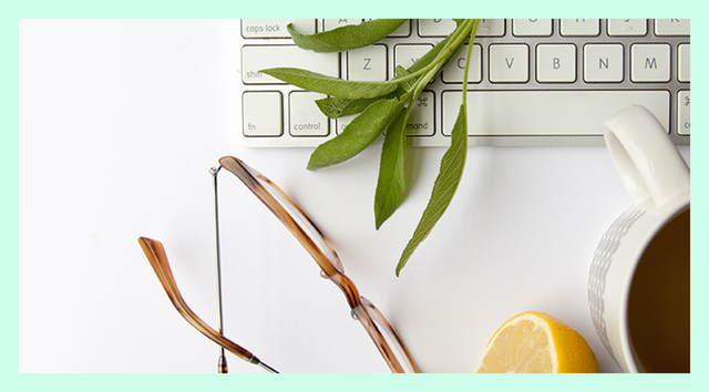 Creative Business Launch Course C Hero Image of a keyboard, glasses, tea and greenery to help build your brand